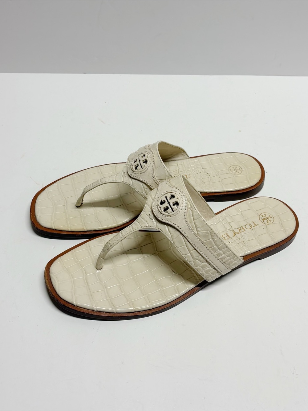 Tory Burch Cream Croc-Embossed Thong Logo Sandals